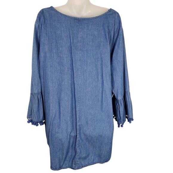 Hester & Orchard Top Womens Size 1X Denim Chambray 3/4 Pom Pom Bell Sleeve Boho - Picture 2 of 11